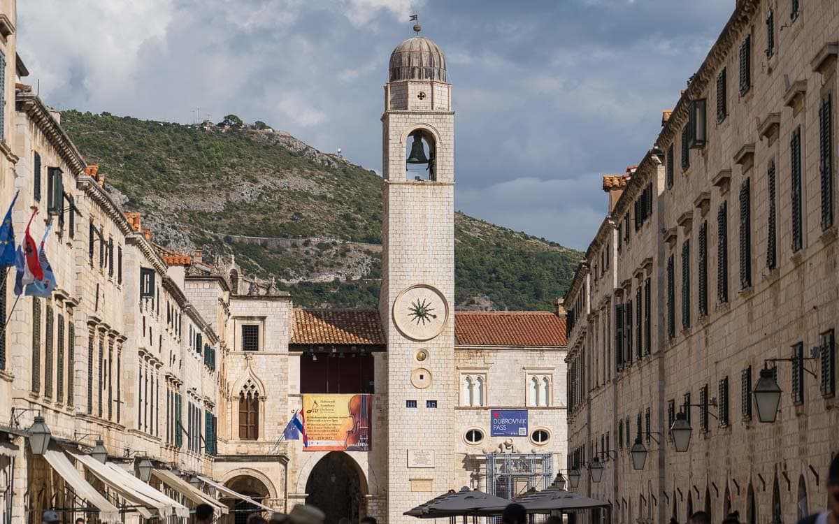 Dubrovnik Bell Tower viewed from Stradun (Placa), Dubrovnik, Croatia